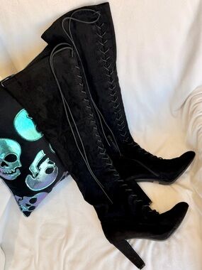 Wild DNA Black Vegan Suede Lace Up Over The Knee Thigh High Stiletto Boots